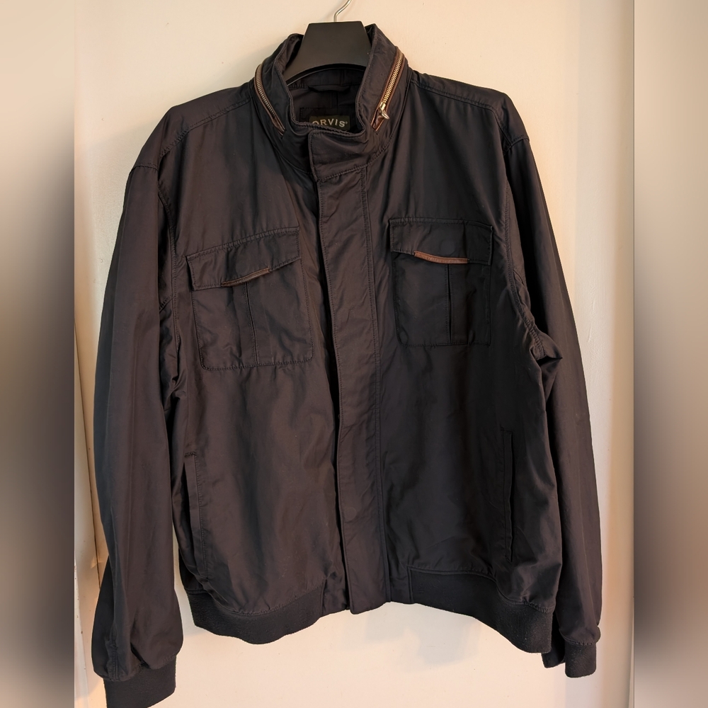 Vintage Orvis Jacket Coat Hidden Hood Cotton Nylon w/Leather Trim XL